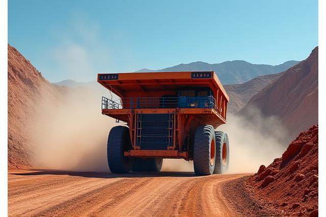 Mineros trabajando con maquinaria pesada en una mina a cielo abierto