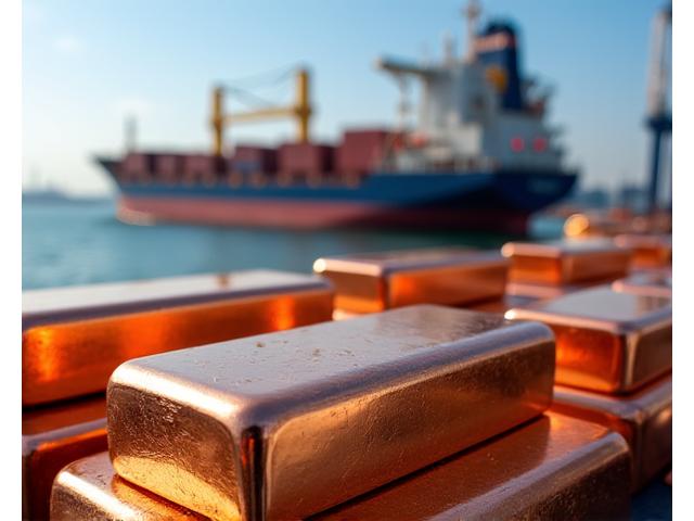 Lingotes de cobre apilados y transporte marítimo